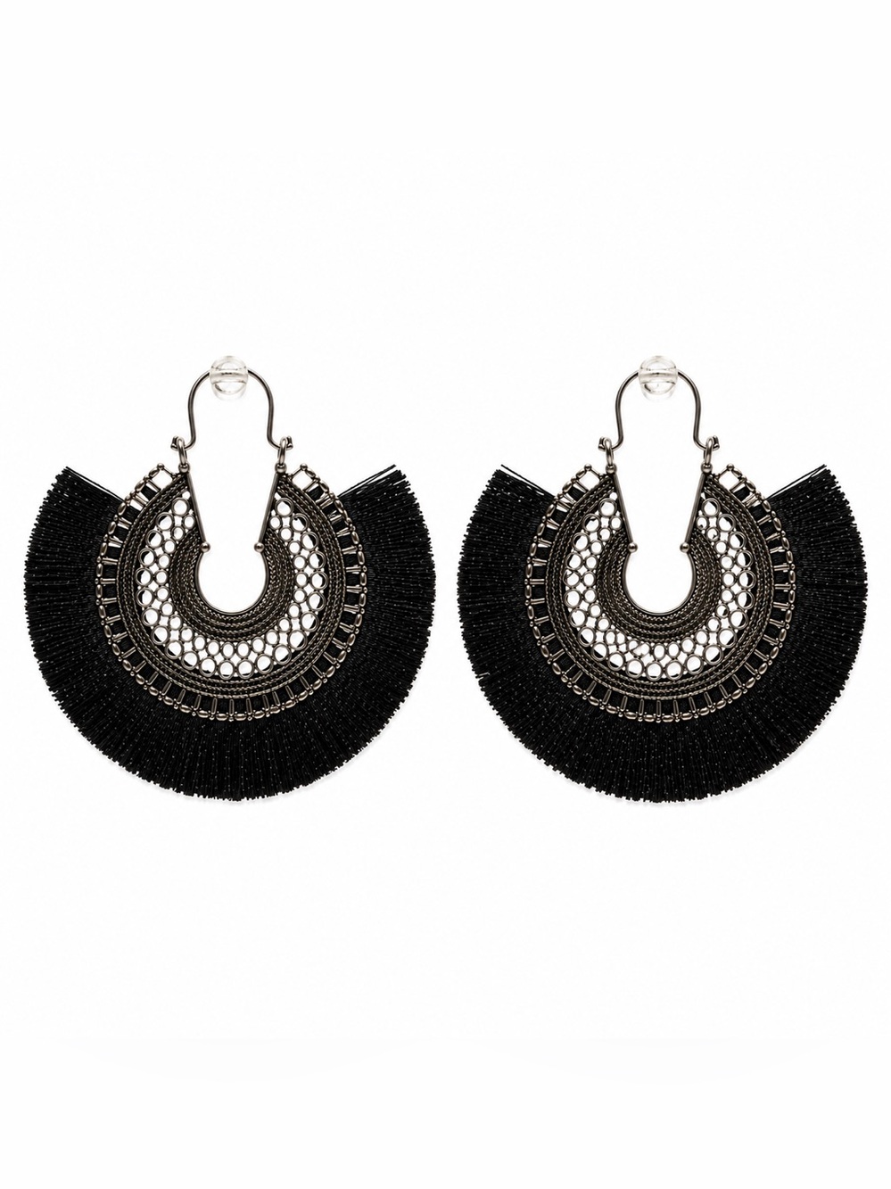 Black Fringe Filigree Fan Earrings Gunmetal Boho Statement Drop Earrings
